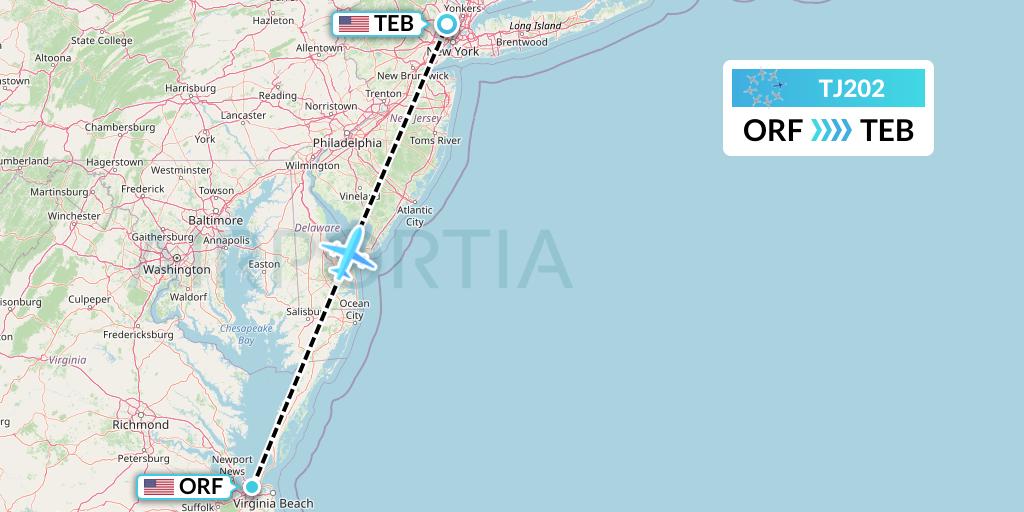TJ202 Tradewind Aviation Flight Map: Norfolk to Teterboro