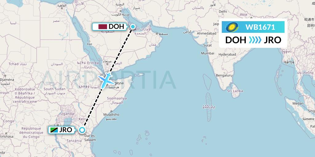 WB1671 RwandAir Flight Map: Doha to Kilimanjaro