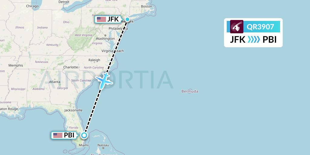 QR3907 Qatar Airways Flight Map: New York to West Palm Beach