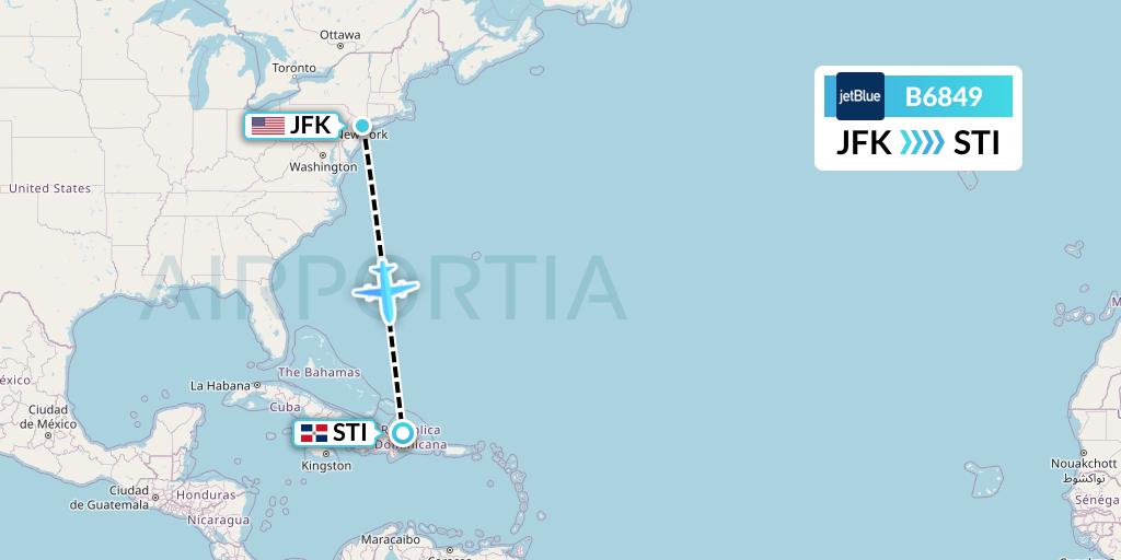 B6849 JetBlue Airways Flight Map: New York to Santiago de los Caballeros