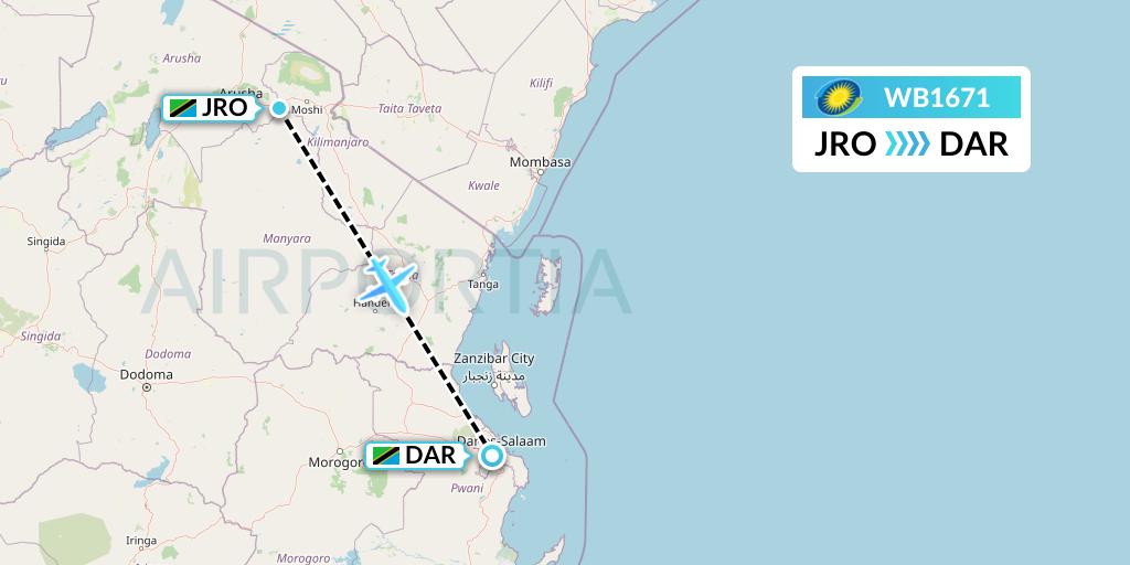 WB1671 RwandAir Flight Map: Kilimanjaro to Dar-es-Salaam