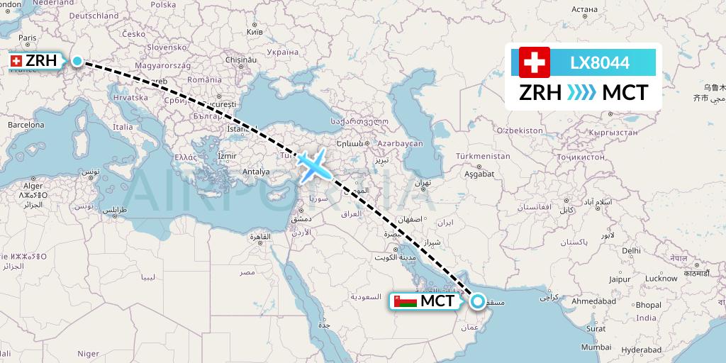 LX8044 Swiss Flight Map: Zurich to Muscat