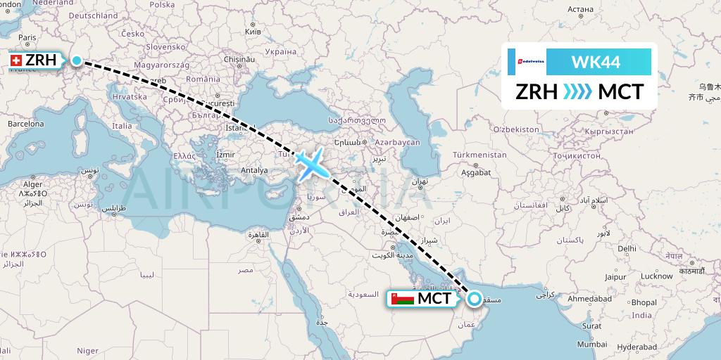 WK44 Edelweiss Air Flight Map: Zurich to Muscat