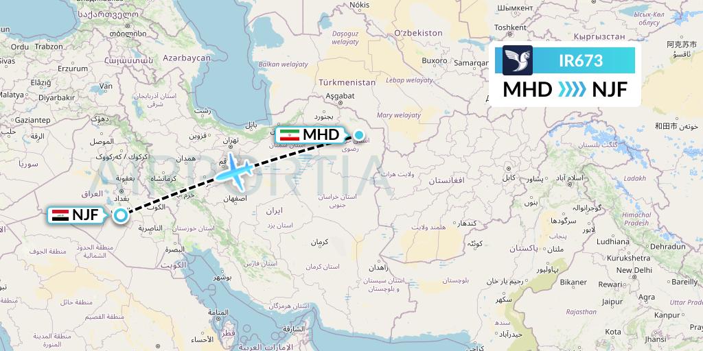 IR673 Iran Air Flight Map: Mashhad to Najaf