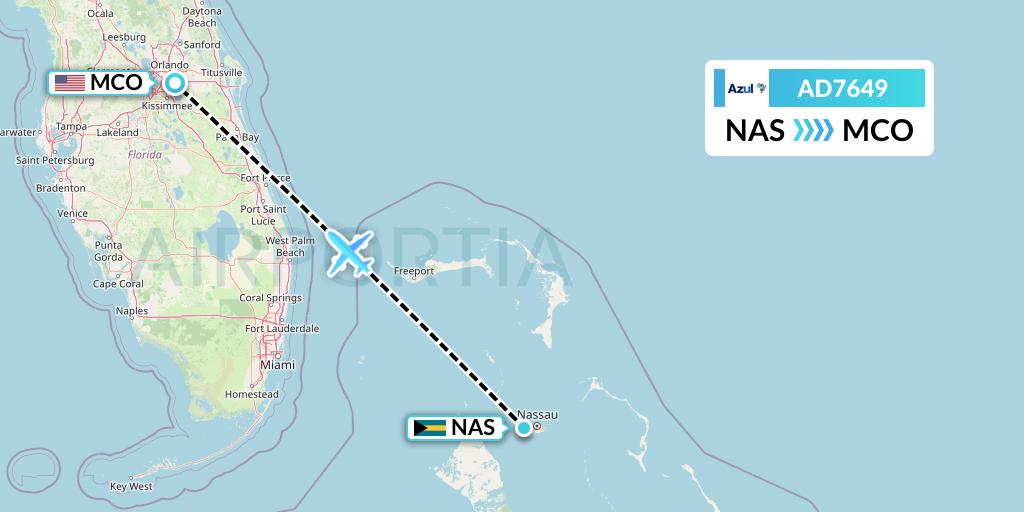 AD7649 Azul Brazilian Airlines Flight Map: Nassau to Orlando