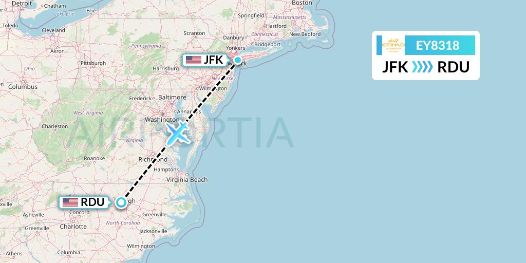 EY8318 Etihad Airways Flight Map: New York to Raleigh-Durham