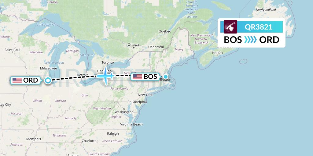 QR3821 Qatar Airways Flight Map: Boston to Chicago