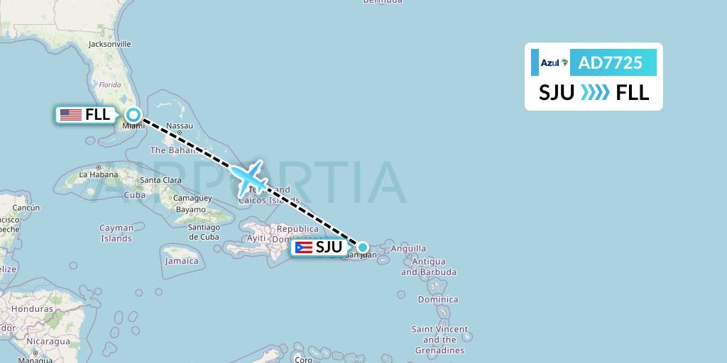 AD7725 Azul Brazilian Airlines Flight Map: San Juan to Fort Lauderdale