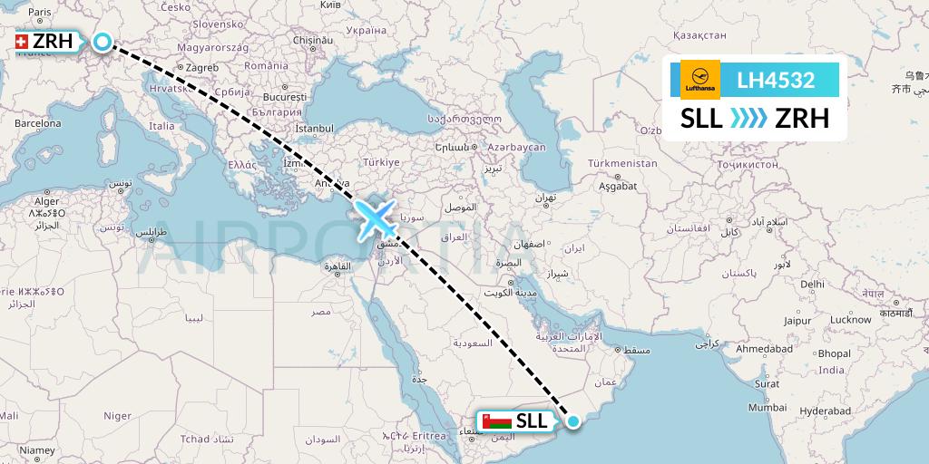 LH4532 Lufthansa Flight Map: Salalah to Zurich