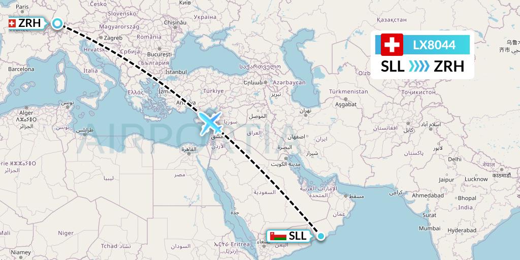 LX8044 Swiss Flight Map: Salalah to Zurich