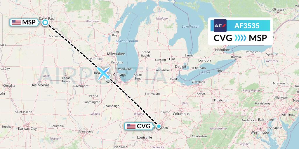 AF3535 Air France Flight Map: Cincinnati to Minneapolis