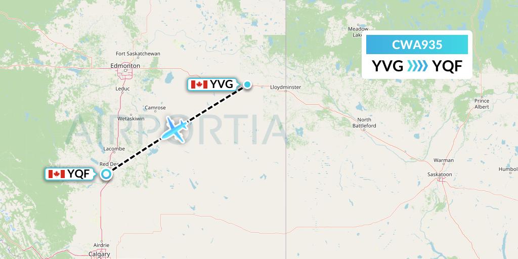 CWA935 Can West Corporate Air Charters Ltd. Flight Map: Vermilion to Red Deer
