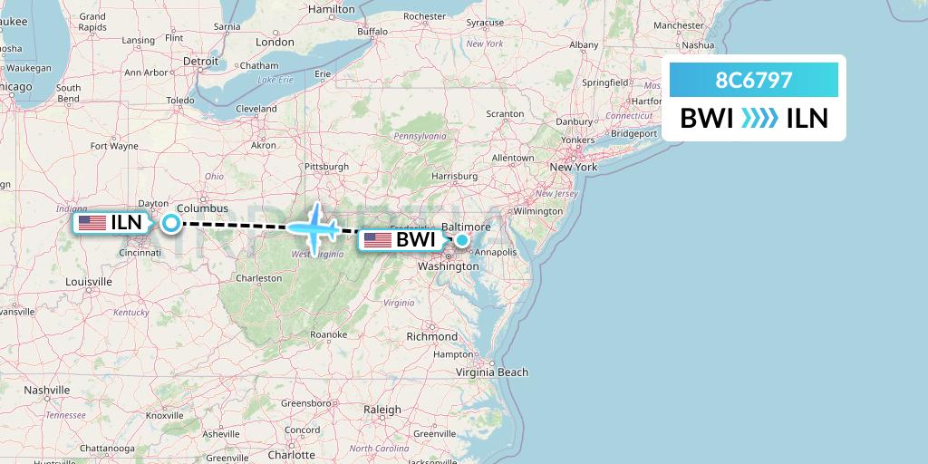 8C6797 Air Transport International Flight Map: Baltimore to Wilmington