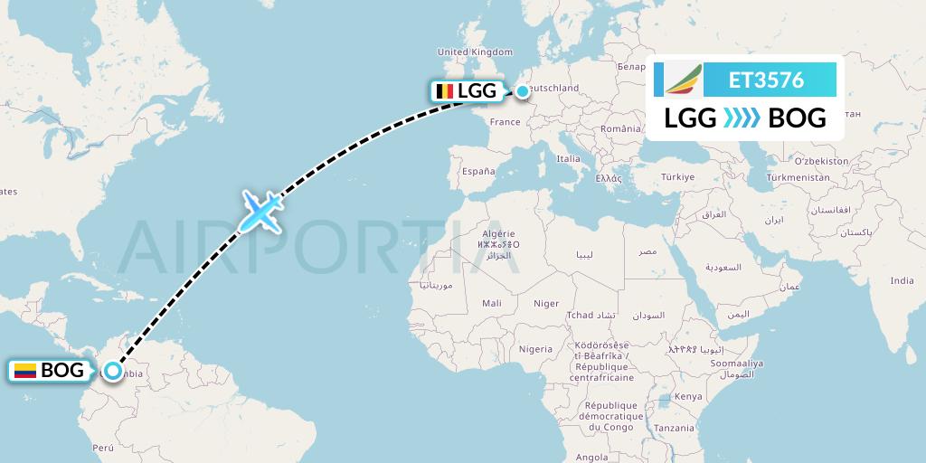 ET3576 Ethiopian Airlines Flight Map: Liege to Bogota