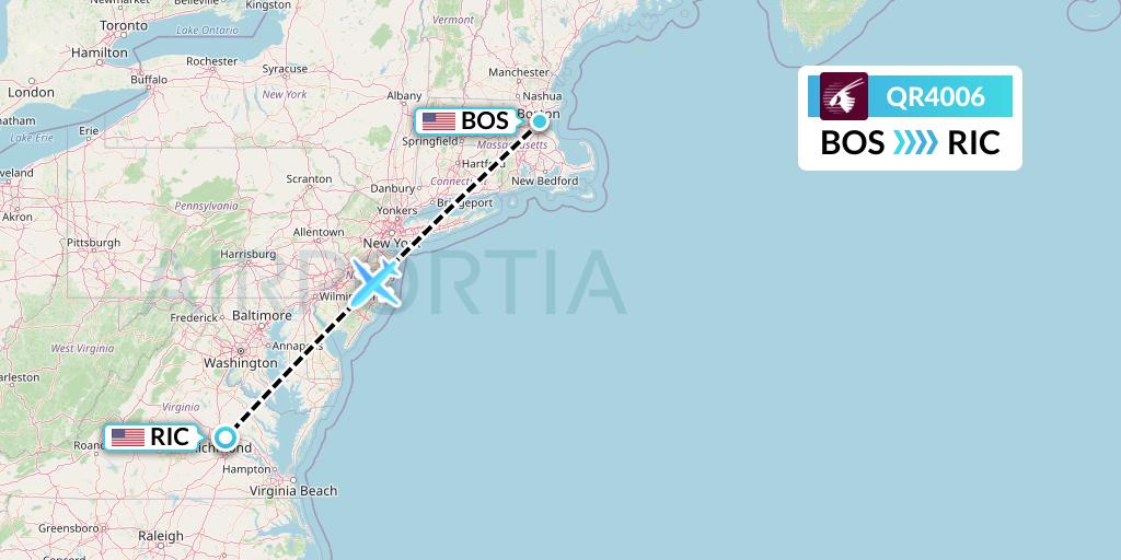 QR4006 Qatar Airways Flight Map: Boston to Richmond