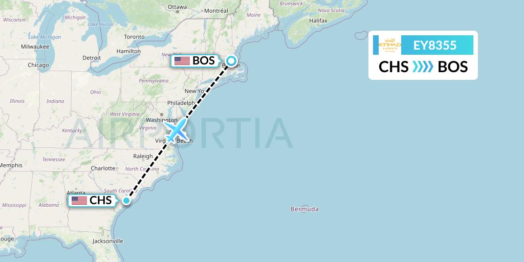 EY8355 Etihad Airways Flight Map: Charleston to Boston
