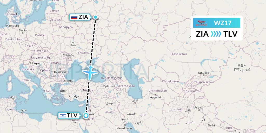 WZ17 Red Wings Flight Map: Moscow to Tel Aviv