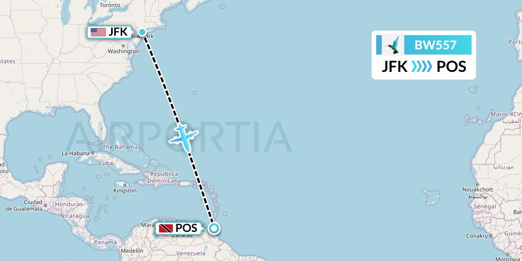 BW557 Caribbean Airlines Flight Map: New York to Port of Spain
