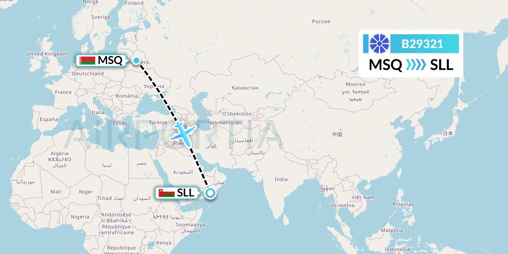 B29321 Belavia Flight Map: Minsk to Salalah