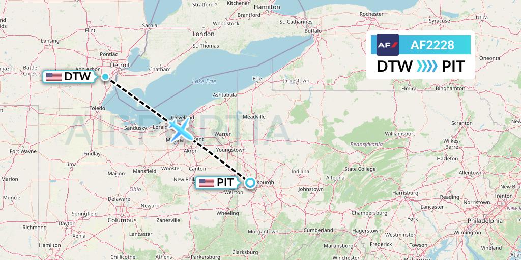 AF2228 Air France Flight Map: Detroit to Pittsburgh