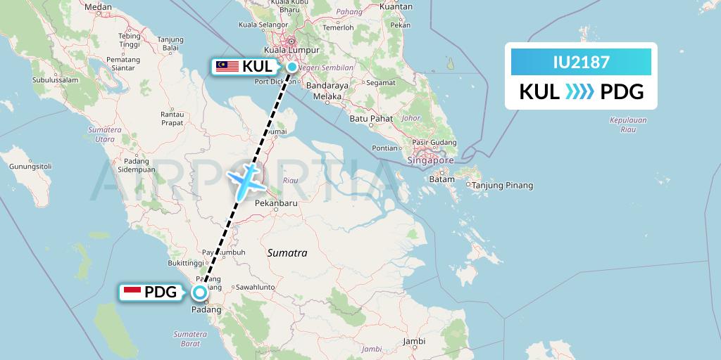 IU2187 Pt. Super Air Jet Flight Map: Kuala Lumpur to Padang