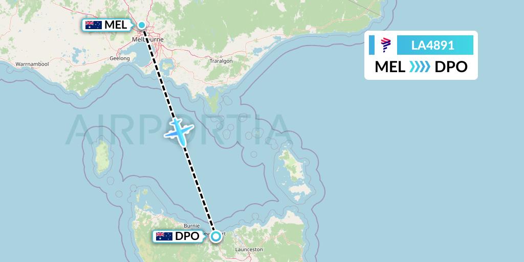 LA4891 LAN Airlines Flight Map: Melbourne to Devonport