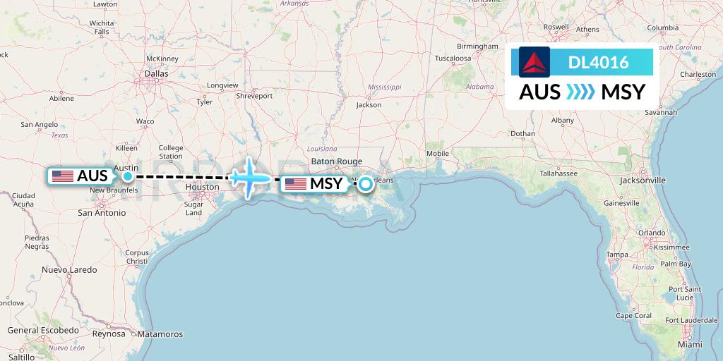 DL4016 Delta Air Lines Flight Map: Austin to New Orleans