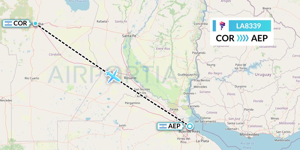 LA8339 LAN Airlines Flight Map: Cordoba to Buenos Aires
