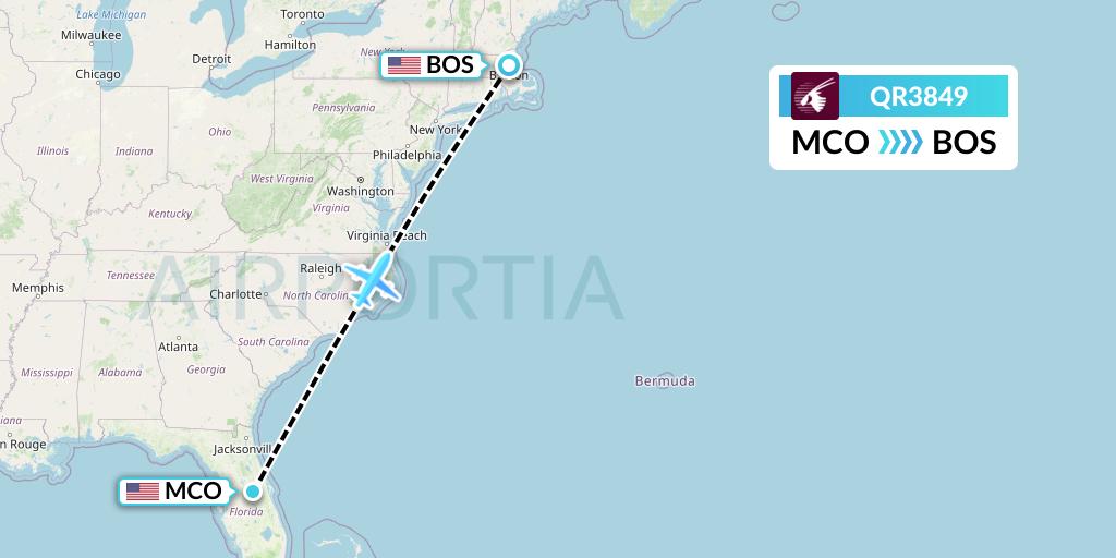 QR3849 Qatar Airways Flight Map: Orlando to Boston