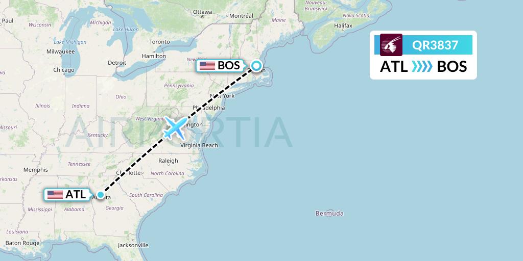 QR3837 Qatar Airways Flight Map: Atlanta to Boston
