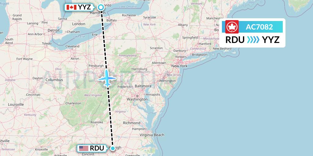 AC7082 Air Canada Flight Map: Raleigh-Durham to Toronto