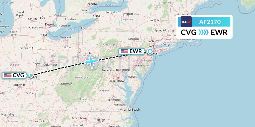 AF2170 Air France Flight Map: Cincinnati to New York