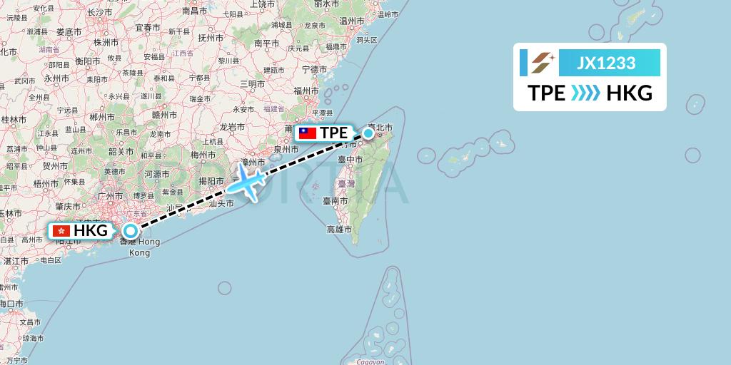 JX1233 Starlux Airlines Flight Map: Taipei to Hong Kong
