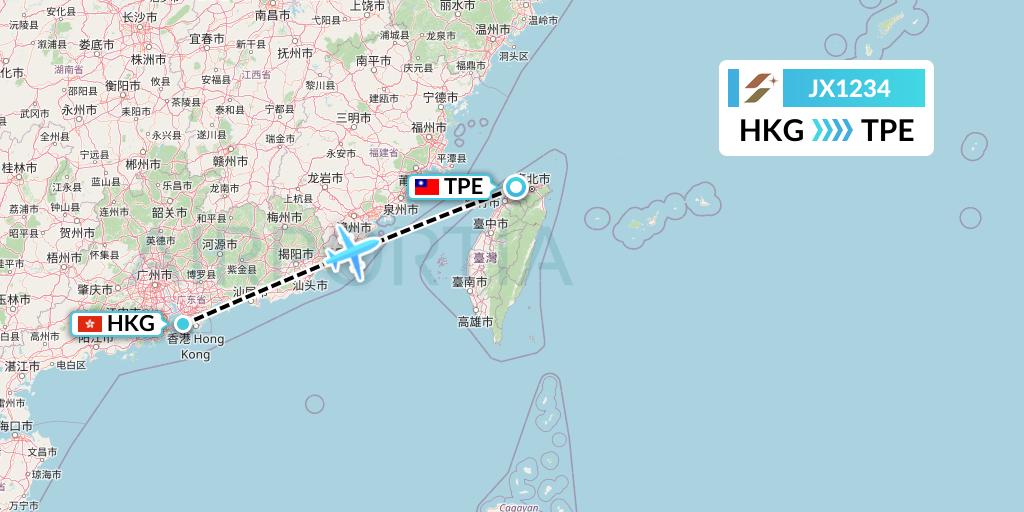 JX1234 Starlux Airlines Flight Map: Hong Kong to Taipei