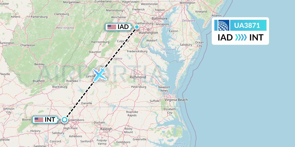 UA3871 United Airlines Flight Map: Washington to Winston-Salem