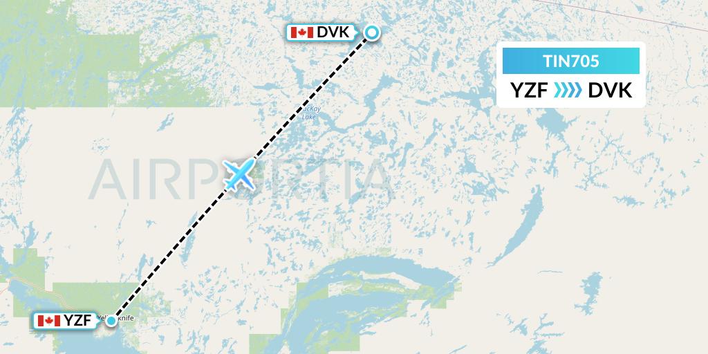 TIN705 Air Tindi Flight Map: Yellowknife to Diavik