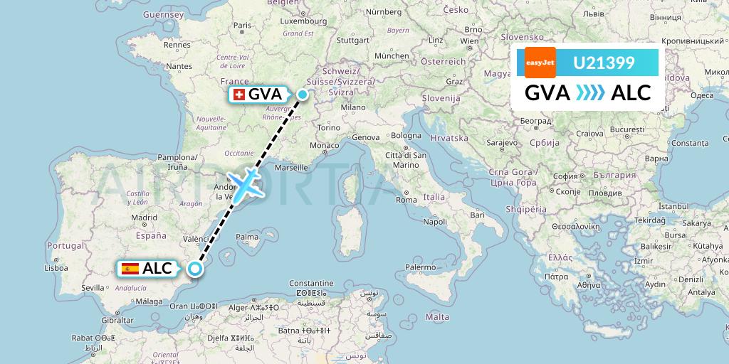 U21399 EasyJet Flight Map: Geneva to Alicante