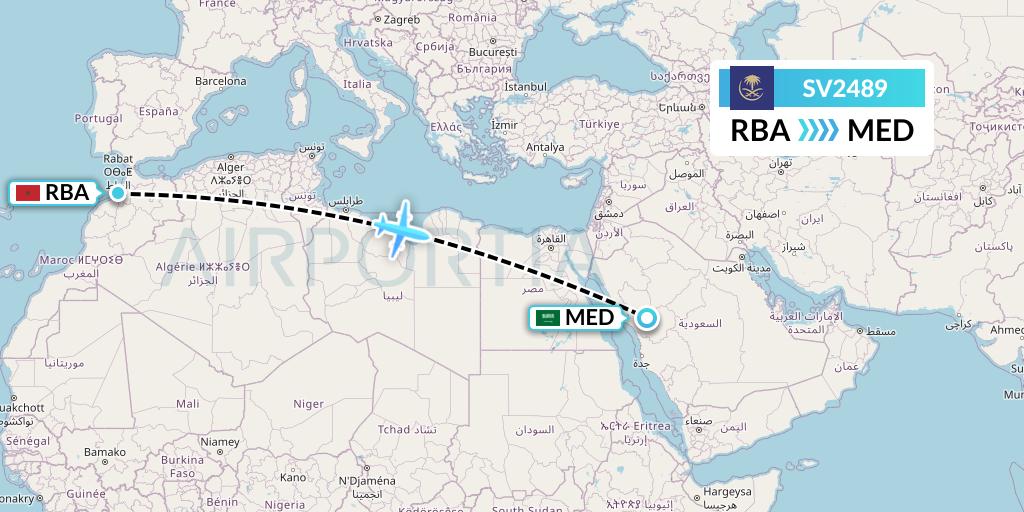 SV2489 Saudi Arabian Airlines Flight Map: Rabat to Medina