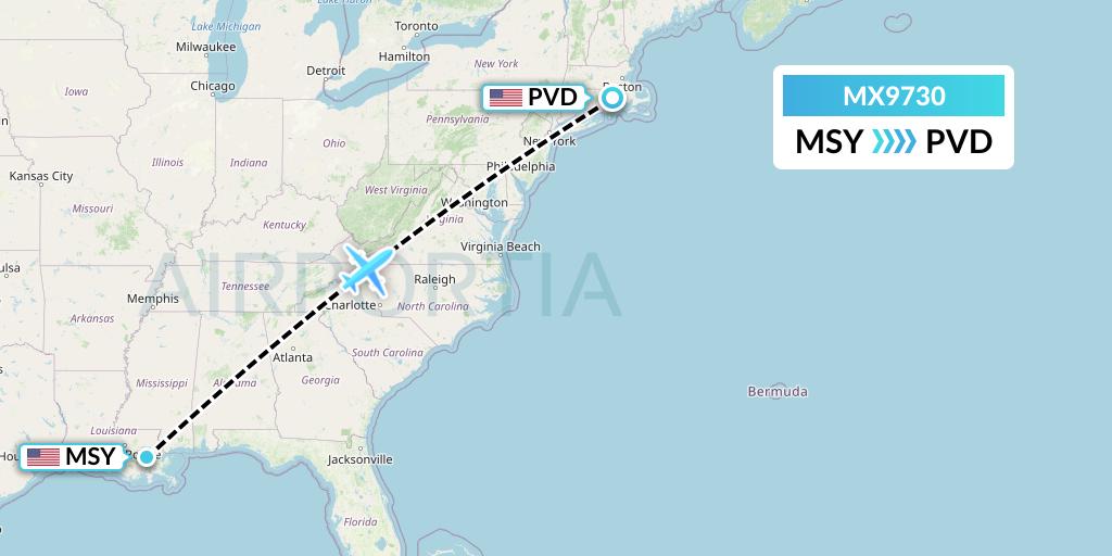 MX9730 Breeze Airways Flight Map: New Orleans to Providence