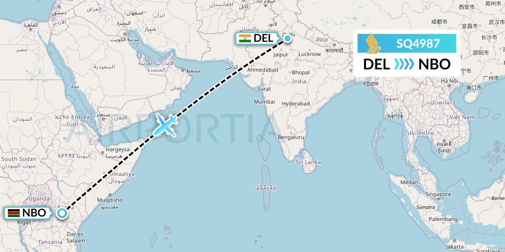SQ4987 Singapore Airlines Flight Map: Delhi to Nairobi