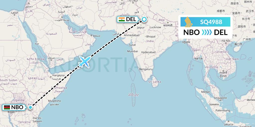 SQ4988 Singapore Airlines Flight Map: Nairobi to Delhi