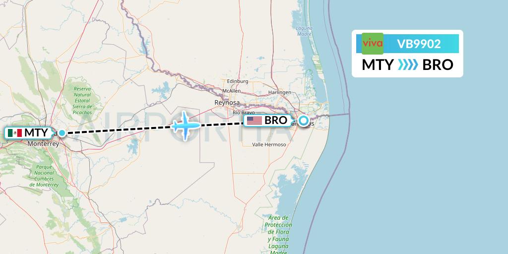 VB9902 VivaAerobus Flight Map: Monterrey to Brownsville
