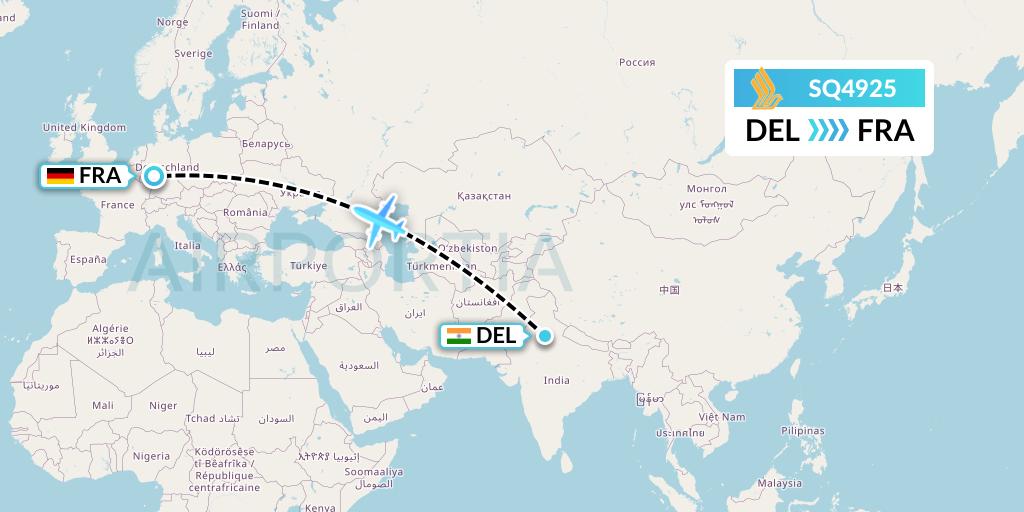 SQ4925 Singapore Airlines Flight Map: Delhi to Frankfurt
