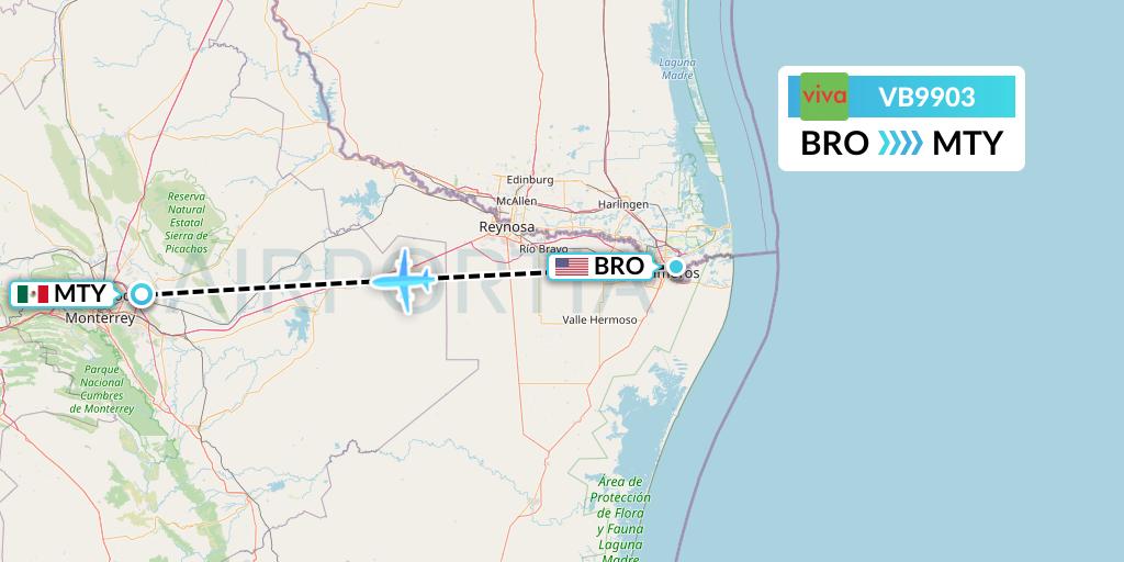 VB9903 VivaAerobus Flight Map: Brownsville to Monterrey