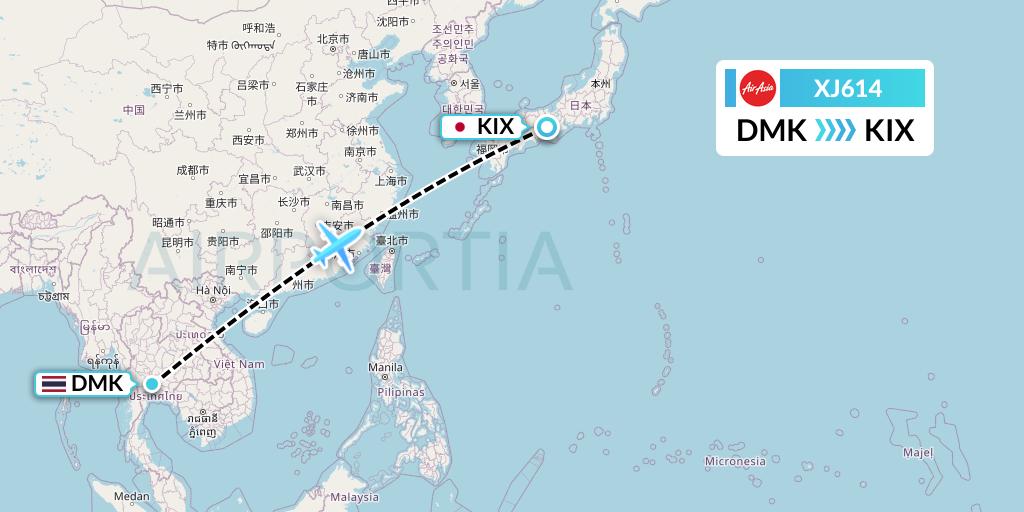 XJ614 Thai AirAsia X Flight Map: Bangkok to Osaka