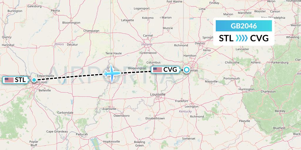 GB2046 ABX Air Flight Map: St. Louis to Cincinnati