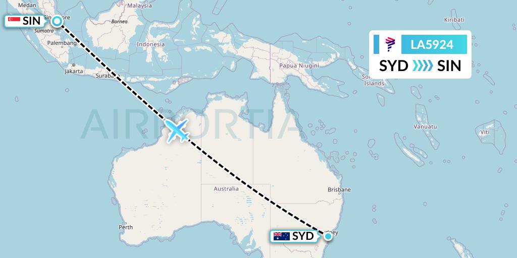 LA5924 LAN Airlines Flight Map: Sydney to Singapore