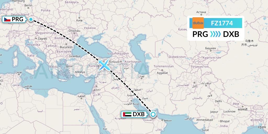 FZ1774 FlyDubai Flight Map: Prague to Dubai