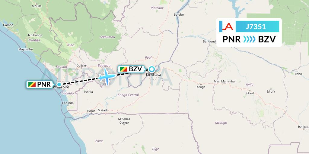 J7351 Afrijet Business Services Flight Map: Pointe Noire to Brazzaville