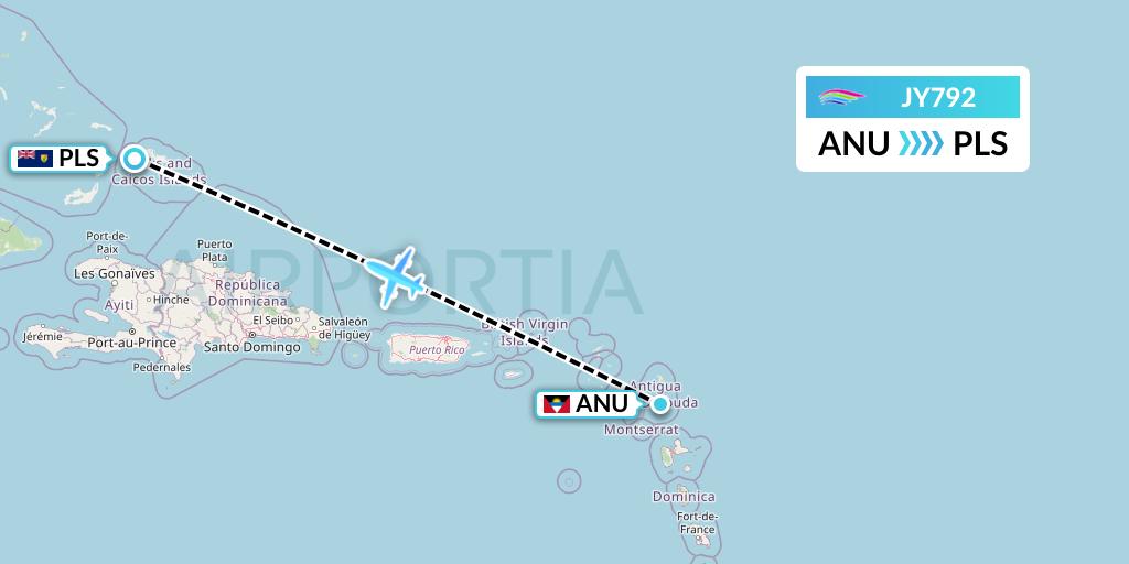 JY792 InterCaribbean Airways Flight Map: Antigua to Providenciales